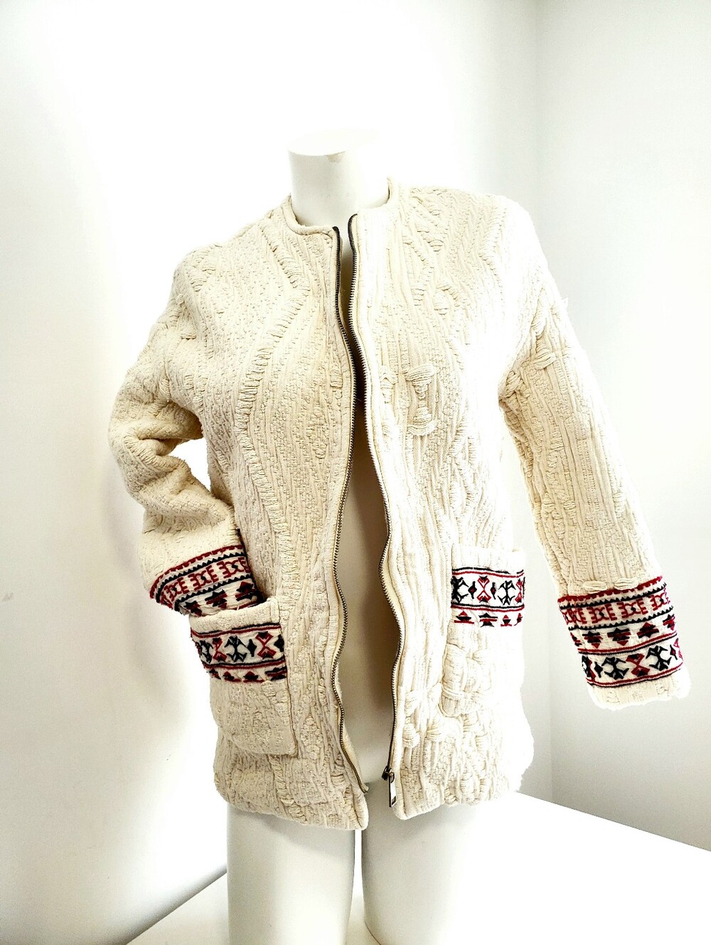 Mango Cream Teddy Jacket with Red and Black Accents Size M